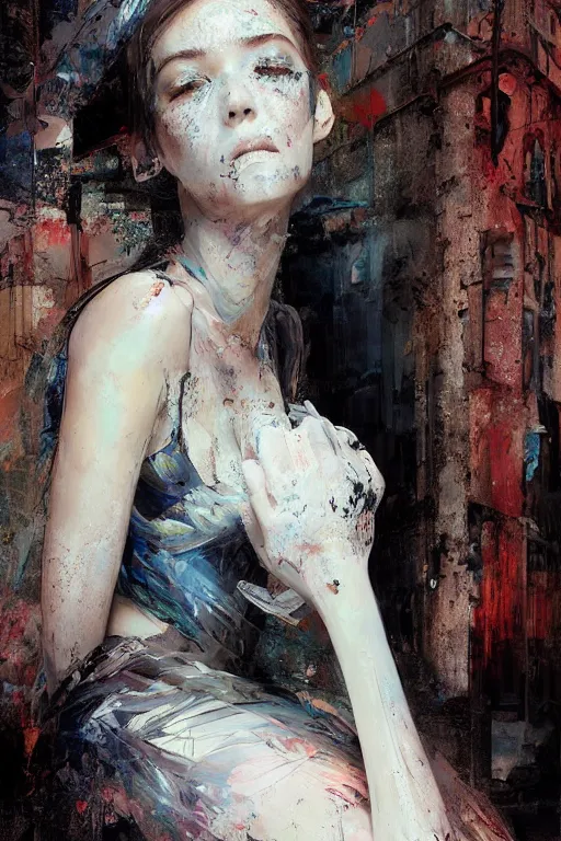 Prompt: a girl wearing a black lace dress and thigh highs walking in an abandoned factory, digital art, beautiful face, expressive oil painting, by yoshitaka amano, by artgerm, by jeremy lipking, volumetrics, mood