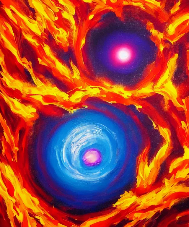 Image similar to blackhole sun, space, painting, bright colors, orange flames