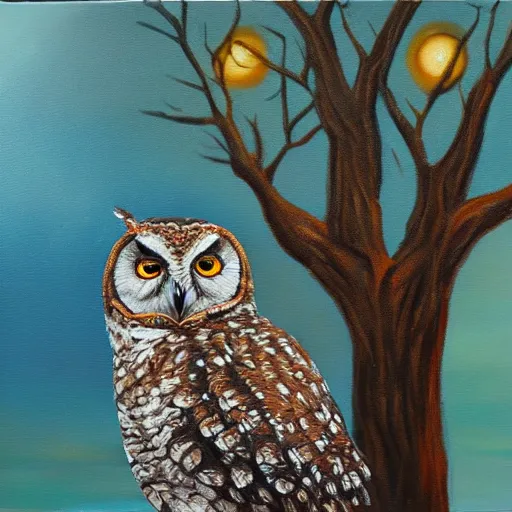 Prompt: highly detailed owl on a branch, looking at the camera, cloudy sunset background, oil painting