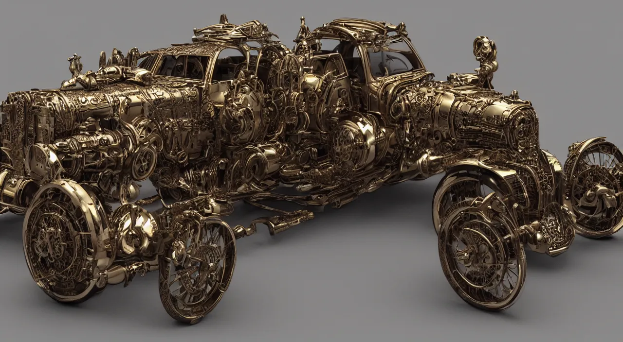 Prompt: Steampunk car, 8K, from a distance, trending on artstation, Rendered in Cinema4D, 8K 3D, CGSociety, ZBrush, volumetric light, lightrays, smoke, cinematic, atmospheric, octane render, insanely detailed and intricate, hypermaximalist, elegant, ornate, luxury, elite, by James Jean, by Brian Froud, hyper realistic, super detailed, Flickr, filmic, CryEngine, Tri-X 400 TX, by jules verne
