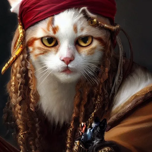 Image similar to Portrait of a Cat as a Pirate, photo, highly detailed oil painting, photorealistic, highly detailed, digital painting, artstation, concept art, smooth, sharp focus, illustration, art by artgerm and greg rutkowski and alphonse mucha