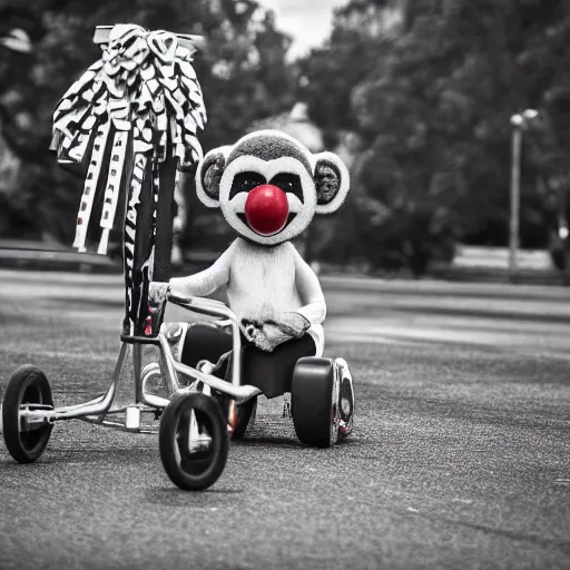 Image similar to a clown riding a tricycle with a monkey juggling bowling pins