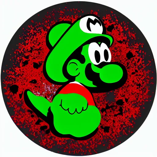 Image similar to die cut sticker, yoshi wearing mario's mustache, splatter paint