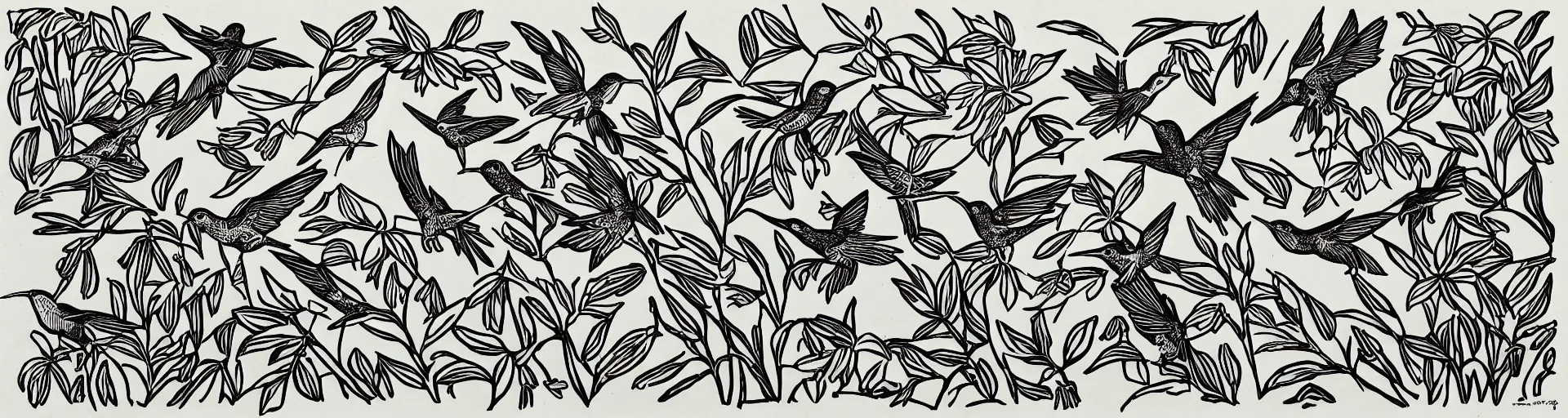 Prompt: a linocut of Hummingbirds and wildflowers