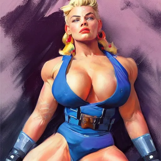 Prompt: greg manchess portrait of margot robbie as thick female bodybuilder zarya from overwatch, epic grimdark, fantasy, medium shot, asymmetrical, profile picture, organic painting, sunny day, matte painting, bold shapes, hard edges, street art, trending on artstation, by huang guangjian and gil elvgren and sachin teng