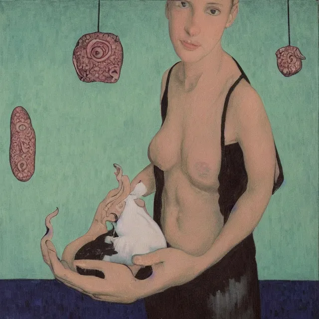 Image similar to tall female emo artist holding a pig in her flooded bathroom, mushrooms, octopus, water gushing from ceiling, painting of flood waters inside an artist's bathroom, a river flooding indoors, pomegranates, pigs, ikebana, zen, river, rapids, waterfall, black swans, canoe, berries, acrylic on canvas, surrealist, by magritte and monet