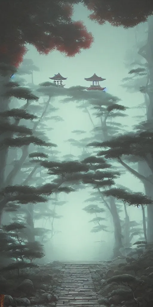 Image similar to foggy japanese shrine!!! a highly detailed cinematic oil painting by roger dean and alena aenami, dynamic lighting