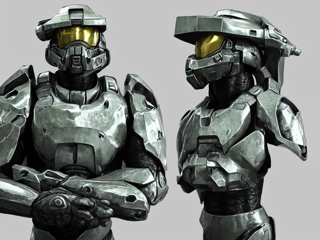 Image similar to master chief with a chef hat on, bust shot, studio photo, 3 d render, unreal engine, stunning scene, hdr, dynamic lighting, chrome, metallic, shiny, reflective, 8 k, hard surfaces