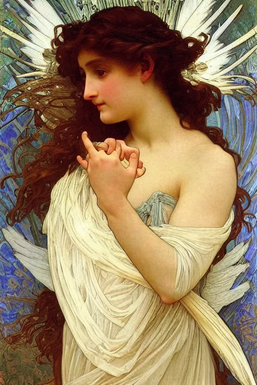 Prompt: portrait of a beautiful angel with large feather wings, intricate, elegant, hyperdetailed by alphonse mucha and william - adolphe bouguereau and john william waterhouse