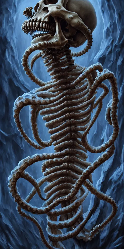 Image similar to a human skeleton slowly transforming into a tentacle monster, matte oil painting, concept art, dnd, clear, crisp, sharp, bones, eldritch, award - winning, extremely detailed, 4 k, 8 k