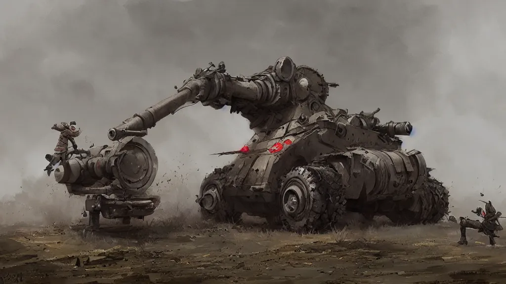 Image similar to howitzer cannon, watercolored, jakub rozalski, dark colours, dieselpunk, artstation