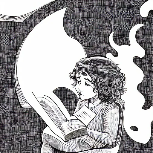 Prompt: clean simple line art of a little girl with wavy curly hair reading a book. white background. well composed, clean black and white line drawing, beautiful detailed face. illustration by josan gonzalez and steve ditko and greg rutkowski