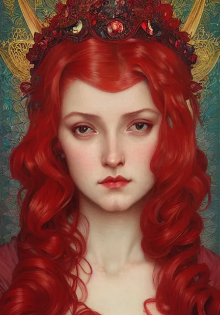 Image similar to portrait of red queen, intricate, elegant, highly detailed, digital painting, artstation, concept art, smooth, sharp focus, illustration, art by artgerm and greg rutkowski and alphonse mucha and william - adolphe bouguereau