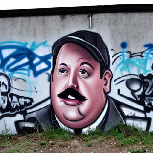 Prompt: graffiti of paul blart on side of abandoned factory 2 0 0 0 s grunge