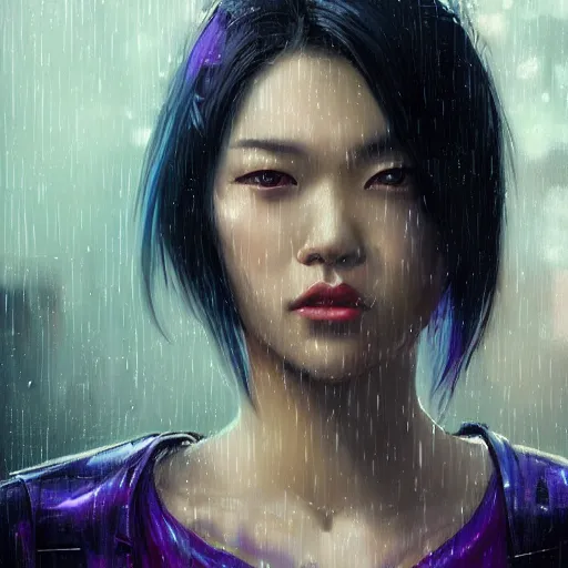 Prompt: very detailed masterpiece painting of a very beautiful wet asian young cyberpunk woman with dark purple hair, cyberpunk background, raining, closeup, portrait, artstation, concept art by greg rutkowski