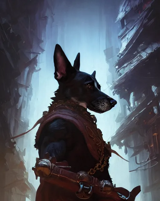 Image similar to Dog Thief, greedy, portrait, D&D, artstation, fantasy, magic the gathering artwork, cinematic lighting, centered, symmetrical, highly detailed, digital painting, , concept art, smooth, sharp focus, illustration, volumetric lighting, epic Composition, 8k, art by Akihiko Yoshida and Greg Rutkowski and Craig Mullins, oil painting, cgsociety