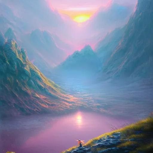 Image similar to highly detailed fantasy art, scene of natural innate artstation style, artstation form, a girl stood in the blossoming sunset valley, pondering the mountains in the distance. peaceful pastel palette, matte painting