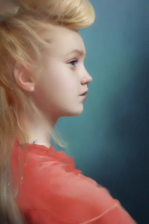 Prompt: an epic painting of a young girl, complete figure view, golden blonde hairstyle, subject wearing a navy blue dress, flowing, ornate, kawaii, beautiful, coral red, mint, taupe, with few baby blue highlights, cinematic light, volumetric shading, by Greg Rutkowski and Jeremy Mann, trending on Artstation, 80mm lens, oil on canvas