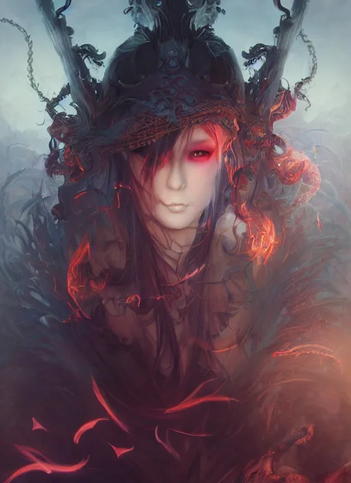 Image similar to breathtaking detailed painting of evil fantasy sorceress, dark castle setting, with anxious, piercing eyes, Atari game cover art by Hsiao-Ron Cheng, James jean, Miho Hirano, Hayao Miyazaki, extremely moody lighting, hyperrealistic, octane render, RPG portrait, ambient light, dynamic lighting