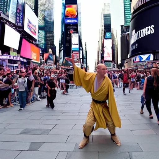 Image similar to a jedi in a battle with voldemort among the people in times square