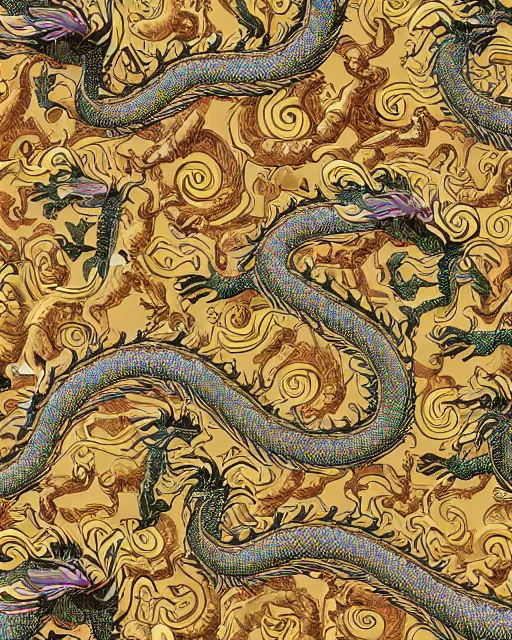 Image similar to an ornate dragon dancing repeating versace pattern, digital art, illustrated by james gurney and victo ngai
