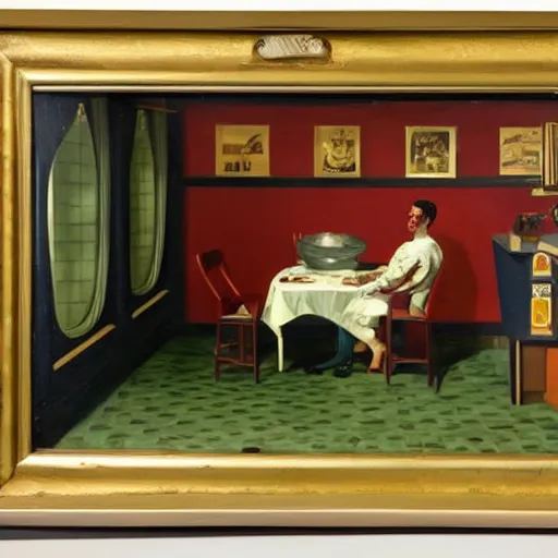 Prompt: a 1 9 5 0 ad for a diner with a portrait painting of a man with a skull as his head is sitting alone on a table, in the style of edward hopper, 4 k,