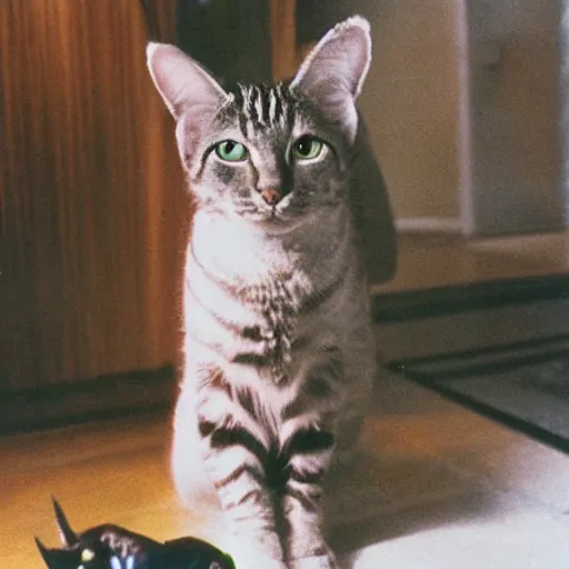 Prompt: alien with cat ears in soviet apartment, top secret style, realistic photo, cinestill 8 0 0 t, 1 9 7 0 s, color