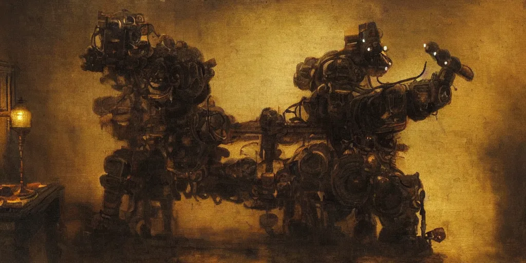 Prompt: A Rembrandt painting of a giant robot constructing furniture into its mouth, 4K, highly detailed, dark