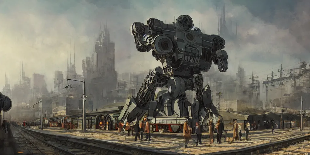 Image similar to a russian mecha, train station in summer, matte painting, afternoon, drama, by rozalski, artstation