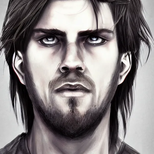 Image similar to realistic portrait, 30 year old man :: athletic, rough, angered :: short black hair :: chain mail :: high detail, digital art, RPG, concept art, illustration