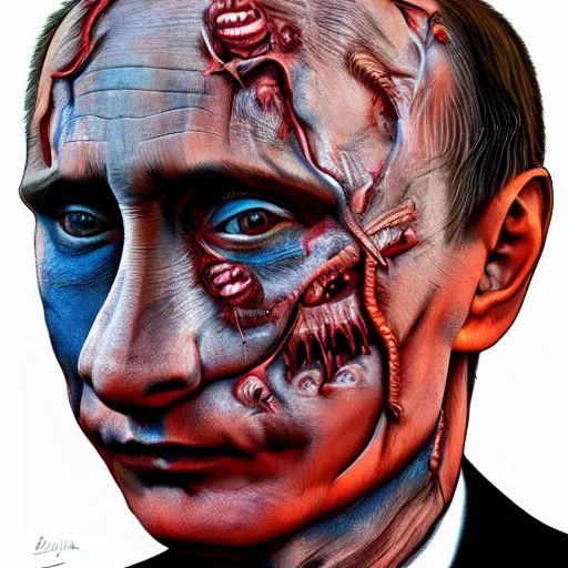 Prompt: bodyhorror portrait of vladimir putin who became an ugly lovecraftian monstrous degenerate abomination, photo - realistic, color image, 2 k, highly detailed, horror, by giger