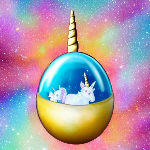 Image similar to a unicorn hatching out of an egg in outer space with rainbow nebula