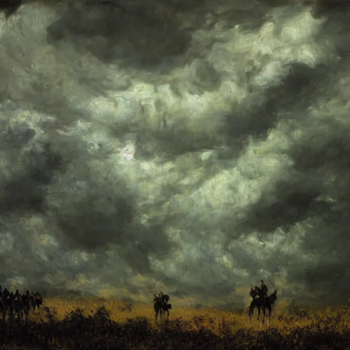 Image similar to medium shot, low-angle, painting of wild hunt in the sky, ghostly riders, dark clouds, rain, lightning, night, beautiful, dark academia aesthetic, magic vibes, soft lighting, by George Roux, by Monet, by oil on canvas, Royal Academy, masterpiece, trending on artstation, cinematic composition, dramatic pose, beautiful lighting, sharp, details, hyper-detailed, HD
