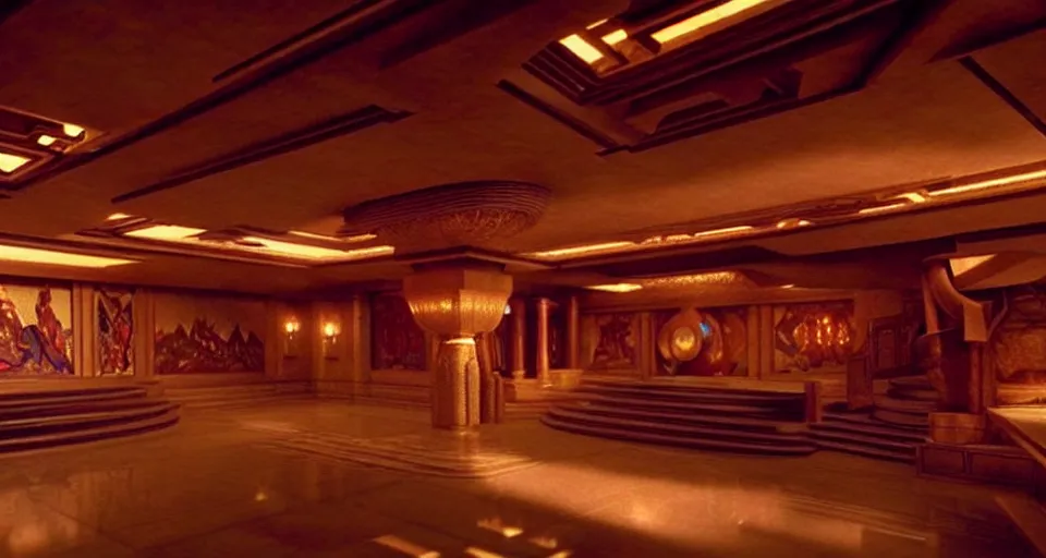 Image similar to An establishing shot from a 2021 Marvel film of the interior of an opulent a fantasy palace designed by Frank Lloyd Wright. Incredibly beautiful.