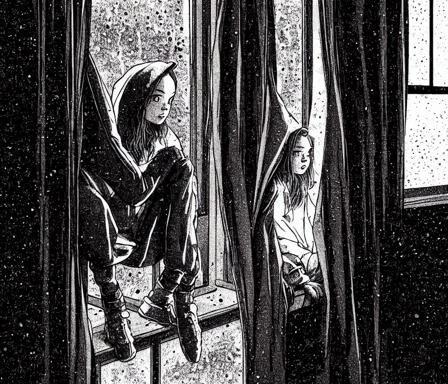 Image similar to sadie sink in hoodie sits on windowsill, knees tucked in | rain falls at night : storyboard, scifi cyberpunk. by gabriel hardman, joe alves. cinematic atmosphere, detailed and intricate, perfect anatomy