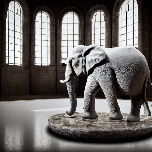 Prompt: a stone workshop with in the center an impressive large statue of a elephant marble , dust, ambient occlusion, morning, rays of light coming through windows, dim lighting