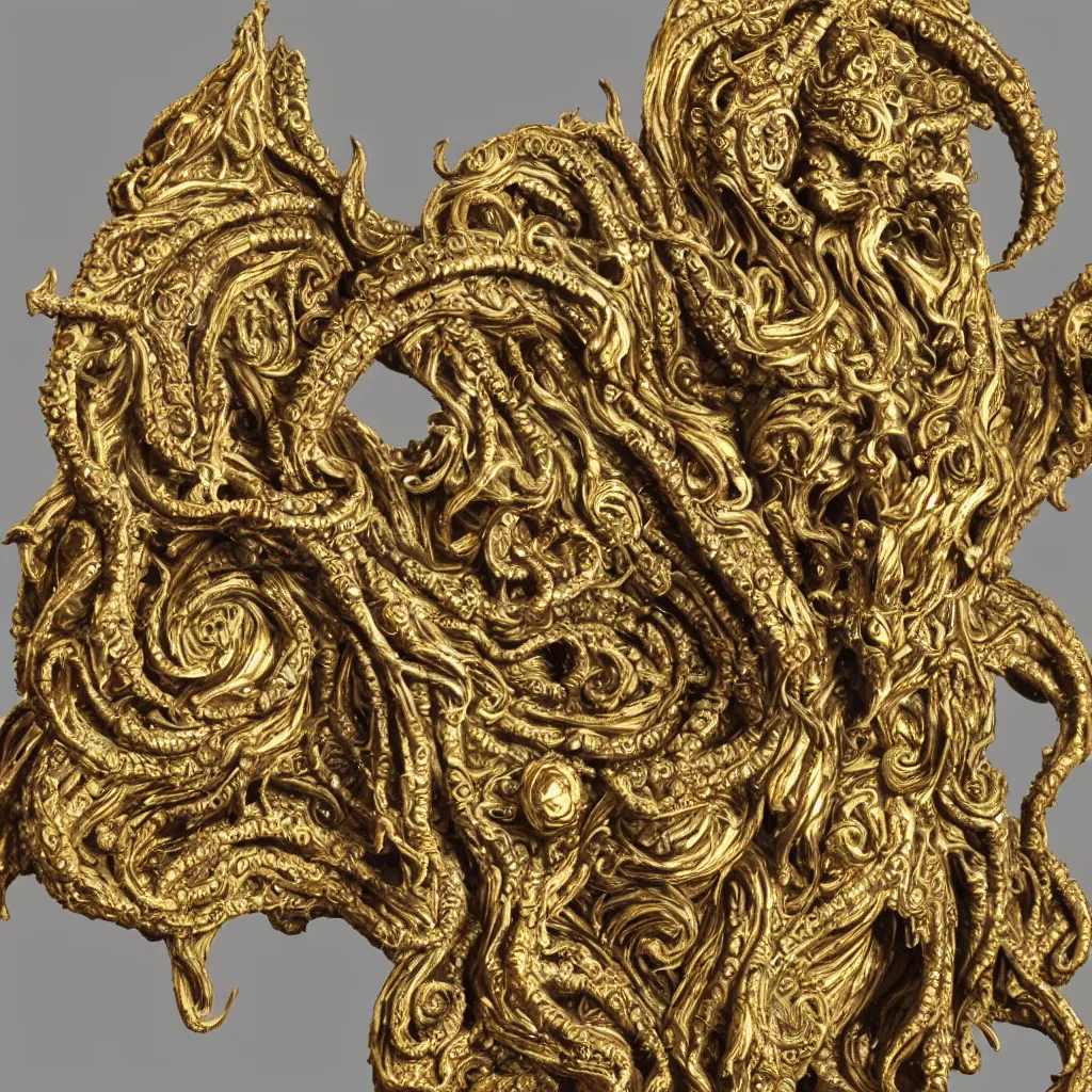 Prompt: statue of cthulhu, ornate, intricate, gold filigree, highlt detailed