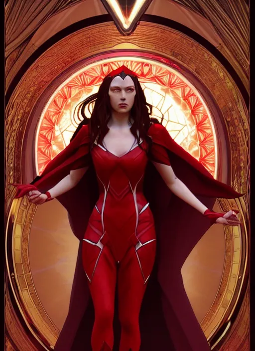 Prompt: Scarlet Witch as Lucifer morningstar Au Naturel, full body, hyper realistic, trending on artstation, art by Alphonse Mucha and J. C. Leyendecker and Edmund Bliar Leighton and Charlie Bowater, unreal engine render, octane render