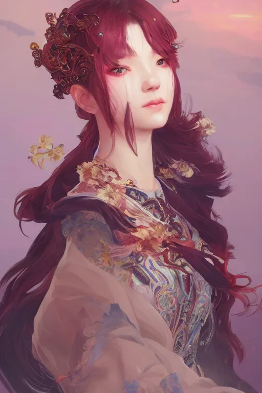 Image similar to portrait online game genshin character MONA, in ruined fantasy world Sunrise, ssci-fi, fantasy, intricate, very beautiful and elegant, highly detailed, digital painting, artstation, concept art, smooth and sharp focus, illustration, art by tian zi and WLOP and alphonse mucha