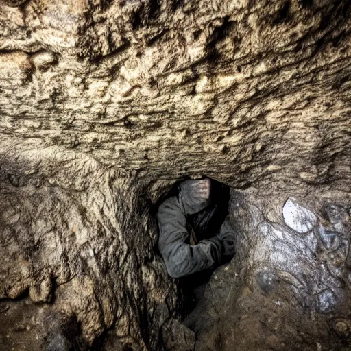 Prompt: photo inside a cavern of a wet reptilian humanoid partially hidden behind a rock watching a tourist