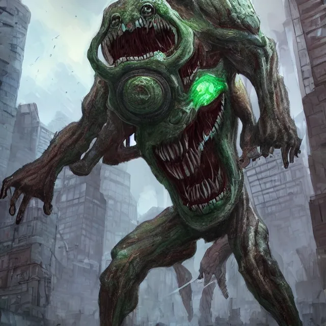 Prompt: a horrifying colossus titan alien monstrosity, wreaking havoc on a large city, digital art, trending on artstation