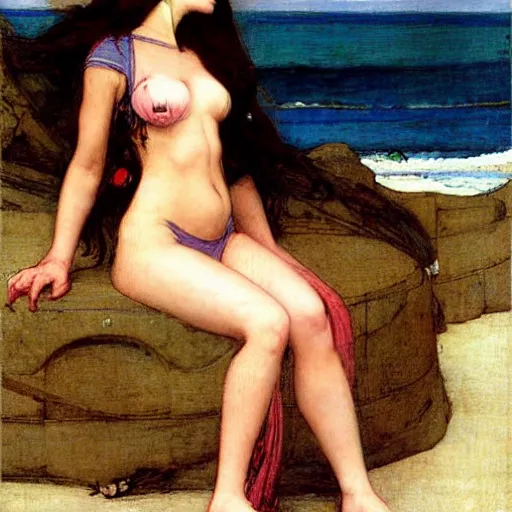 Prompt: a very beautiful futuristic girl on the beach drawn by john william waterhouse