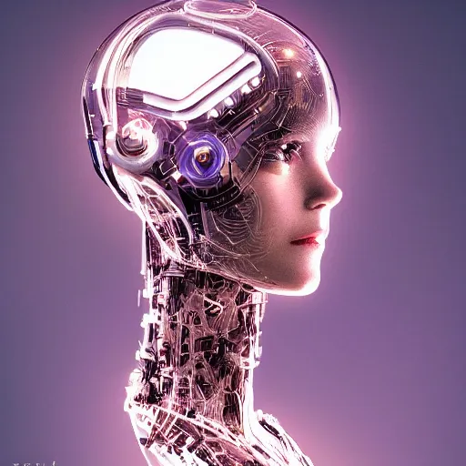 Woman Ai Robot using brain, Humanoid on glowing light background