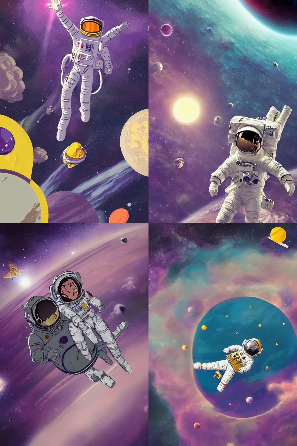 Prompt: an astronaut floating through space towards a purple planet, Highly Detailed, Dramatic, A master piece of storytelling, wide angle, cinematic shot, highly detailed, cinematic lighting, by Wes Anderson +Rumiko Takahashi, 8k, hd, high resolution print