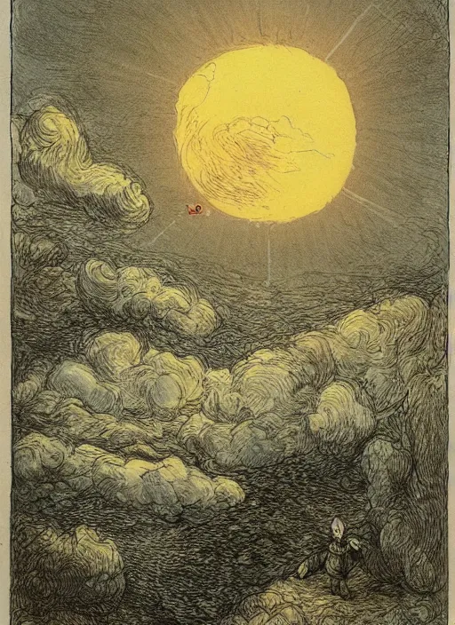 Prompt: day clear sky, sun prominently in the center, surrounded by clouds, landscape, illustrated by peggy fortnum and beatrix potter and sir john tenniel