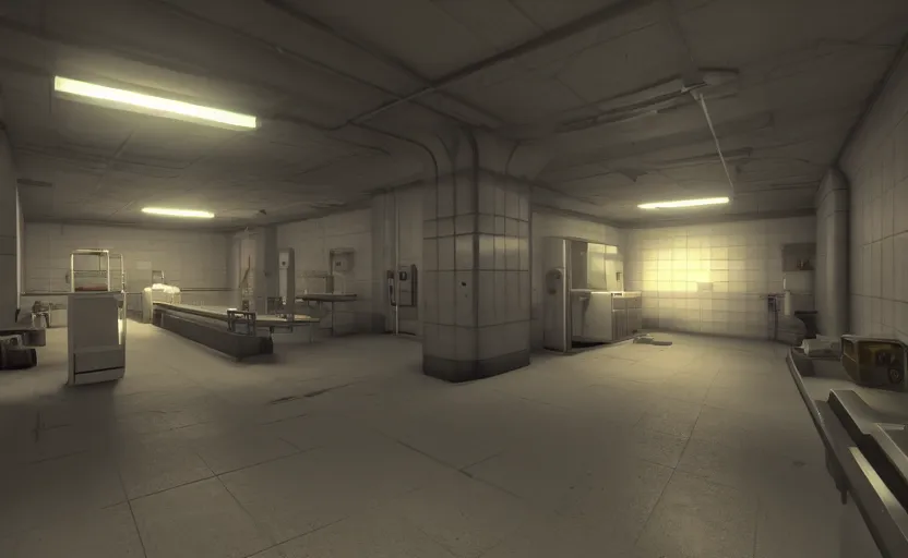 Image similar to screenshot of a game on unreal engine 5, narrow modern laboratory halls, photorealistic, liminal, retrofuturism, minimalism, soft vintage glow