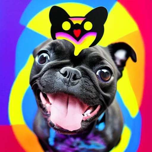 Image similar to rainbow excited smiling french bulldog puppy. pop art.