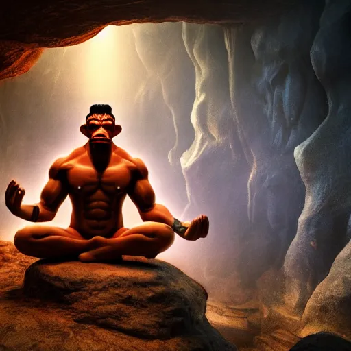 Image similar to photo realistic Hanuman meditating in caves of magical world, foggy ,muscular body,glowing effect, clean clear face,artstation, devianart, hyperreal, hyperdetailed, 8k,hd