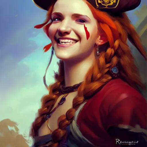 Image similar to portrait painting of a pirate queen age 2 5, bright and energetic, with a sweet smile and floofy hair, render cinematic lighting art 1 9 2 0 period drama by bussiere rutkowski andreas rocha