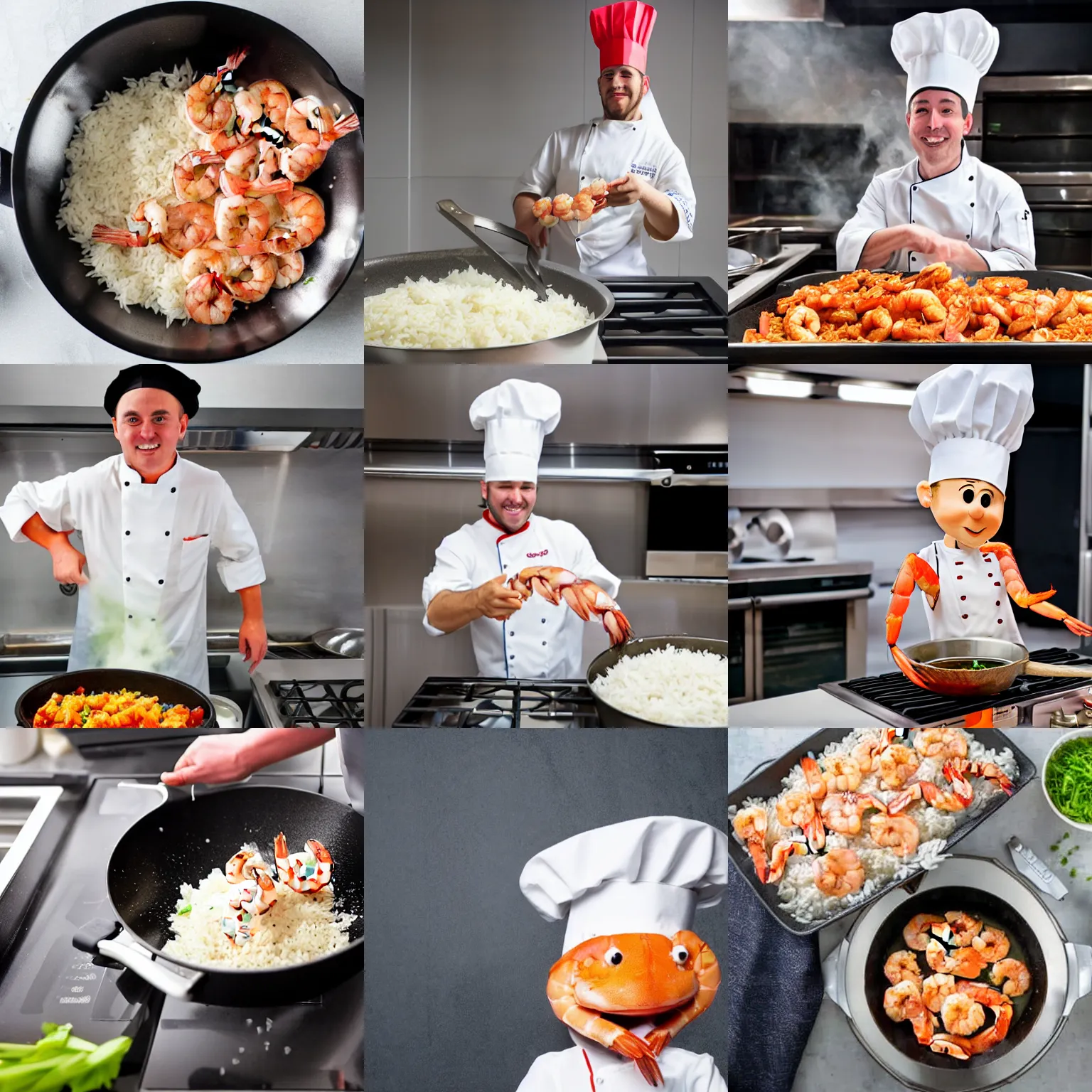 Prompt: a shrimp in a chef costume cooking some rice in a pan